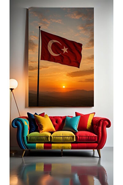 özkacar GÜN BATIMI VE TÜRK BAYRAĞI Ev Duvar Salon Güzellik Salonu Ofis Dükkan Dekarasyon Kanvas Tablo