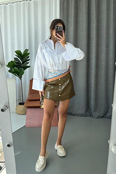 Mine Tan Butik Gold Button Detailed Leather Women's Skirt - Green