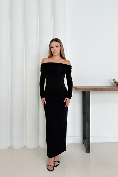 MİROR Women's Black Madonna Collar Long Sleeve Evening Dress