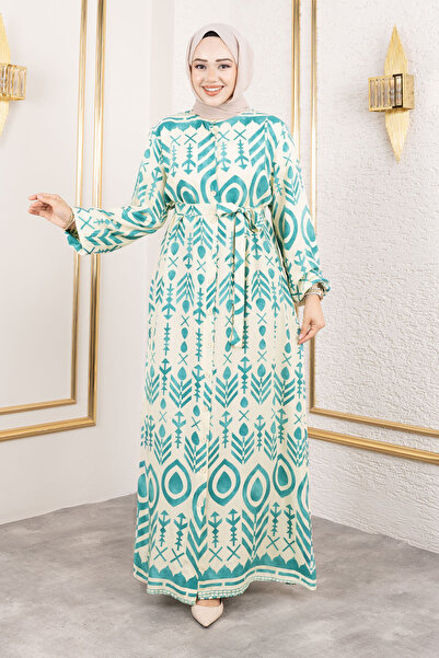 Tesettür Dünyası Φόρεμα βισκόζης με κουμπιά σε όλο το μήκος TSD250214 Πράσινο μέντα