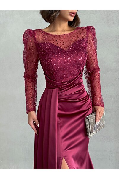 Housebutik Satin Slit Stone Sequined Evening Dress