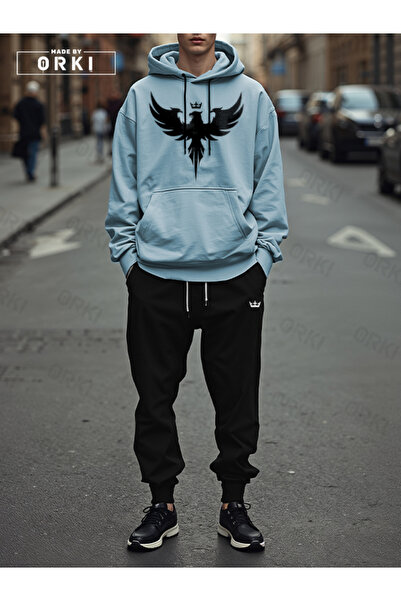 EFFRENATU طقم بدلة رياضية مكون من سترة بقلنسوة كبيرة الحجم مطبوع عليها نسر مل...