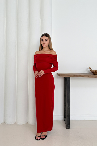 MİROR Women's Red Madonna Collar Long Sleeve Evening Dress