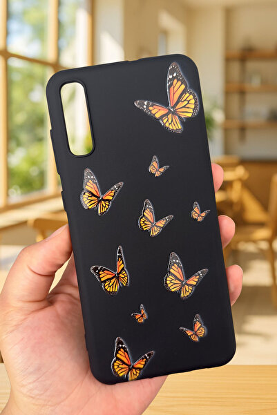 Vip Case Samsung Galaxy A70 - Turuncu Kelebek Desenli Silikon Darbe Emici Klasik Korumalı Rubber Kılıf