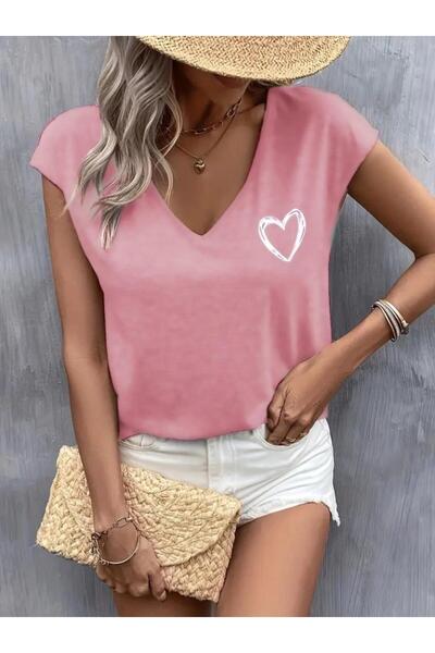 Cbm Women's Short Sleeve V Neck Heart Printed Viscose Blouse