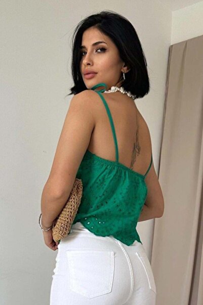 Melek Moda Green Lace-Up Brode Blouse