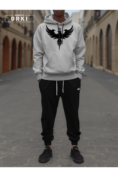 EFFRENATU Crowned Eagle Printed Gray Oversize Hooded Sweatshirt Black Pants Jogger Tracksuit Set