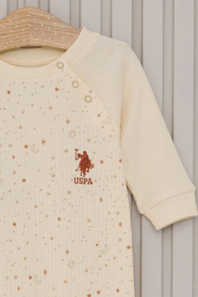 U.S. Polo Assn. Baby Girl Cream Patchwork Sky Patterned Ribbed 100% Cotton Romper 50322803-Vr071