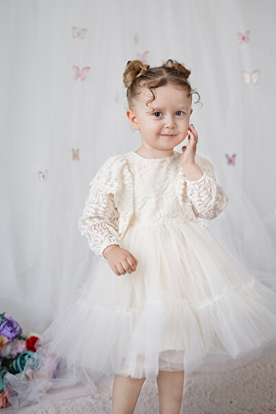 ALYRA Kız Bebek Elbise Dantelli Tüllü Tütü Doğum Günü Özel Gün Düğün Parti Pamuklu Abiye Kız Çocuk Elbise