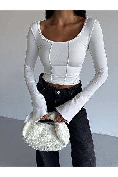 FOORS Γυναικεία μπλούζα με φαρδύ τετράγωνο λαιμόκοψη από ύφασμα κατάδυσης