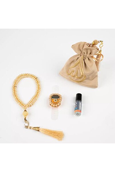 Hayrat Neşriyat Tasbih + Zikirmatik + Essence Gift Set (Lafzatullah Embroidered Shantuk Pouch, Gold)