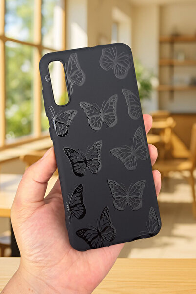 Vip Case Samsung Galaxy A70 Uyumlu Siyah Kelebek Desenli Silikon Darbe Emici Klasik Korumalı Rubber Kılıf