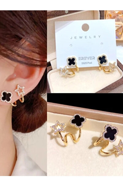 C&K Atelier 925 Ayar Gümüş Yıldız ve Siyah Yonca Figürlü Çelik Küpe – Şık ve Modern