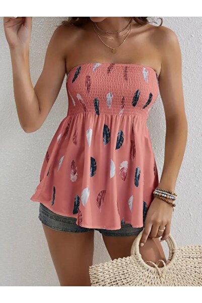 nova epoxy art    Women's Leaf Patterned Mosskrept Strapless Blouse with Chest