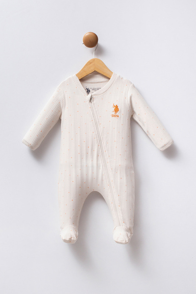 U.S. Polo Assn. Baby Girl Ecru Zippered 100% Cotton Booties Jumpsuit 50322880-Vr019