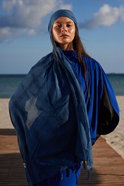 FENZA SCARF ŞAL DE BUMBAC LILYUM DARK INDIGO CU FRĂŞCI