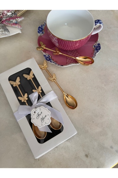Hatice sakallı design Gold Heart Spoon in a 2-Pack Butterfly Patterned Tea Coffee Gift Box