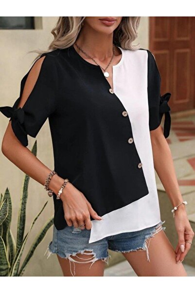 ARONA Γυναικεία Μπλούζα Κρεπ με Κοντά Μανίκια και Δετά Μανίκια μπροστά, Ασύμμετρη Κοπή, Διπλή Χρωματιστή Λεπτομέρεια και Κουμπιά