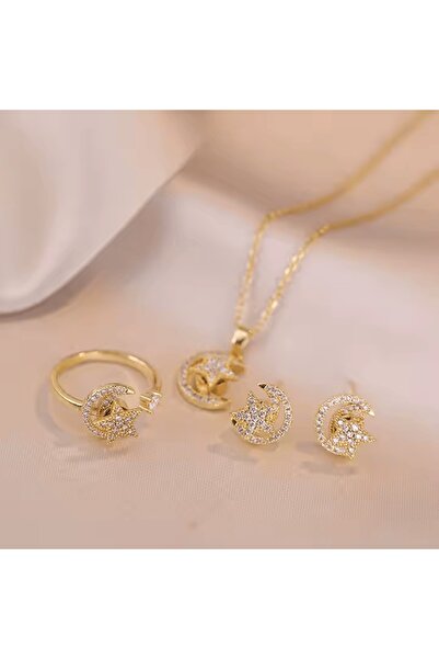 Polly 18K gold-plated star and moon jewelry set with rotating pendant and rhinestones