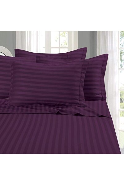 Kotonia Home Deco Bed Sheet, 100% Cotton, Damask Satin, Stripe Size 1 cm, Purple, 220x240 cm