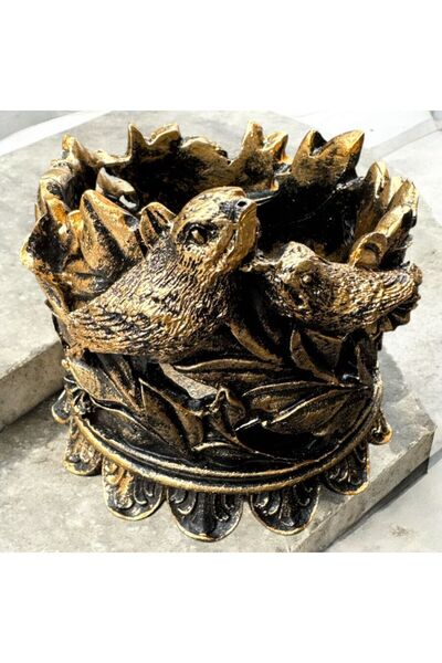 Peramari Dekoratif Polyester Kuşlu Şamdan Mumluk Gold Eskitme 11X11X10 cm