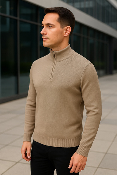 Maccali Men's High Neck Zippered Cream Sweatshirt Knitwear Sweater