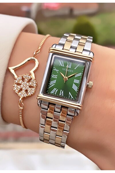 Homies ساعة يد نسائية مستطيلة الشكل باللون الأخضر – مع سوار فولاذي كهدية