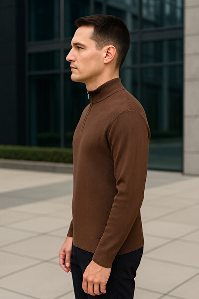 Maccali Men's High Neck Zippered Brown Sweatshirt Knitwear Sweater
