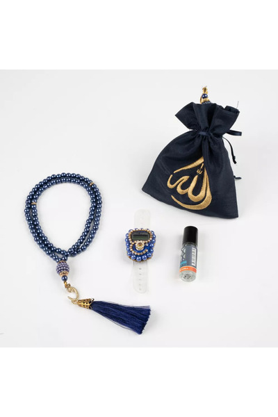 Hayrat Neşriyat Tesbih + Zikirmatik + Essence Gift Set (Lafzatullah Embroidered Slub Pouch, Navy Blue)