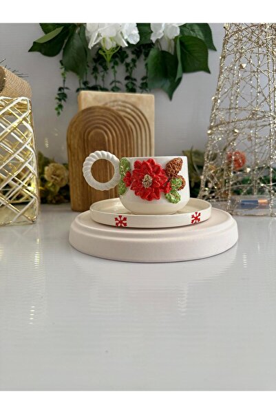AYLEFE HOBBY Handmade Christmas Ceramic Mug with Flower Decoration