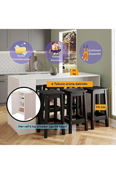 Bimossa Edgar G4861 6 Adet Siyah Tabure Mutfak Adası Bar Masası Beyaz Depolamalı Çok Amaçlı Kapaklı Masa