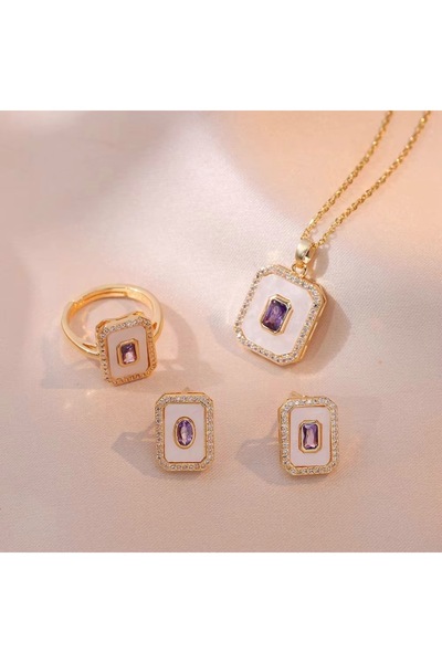 OEM Set bijuterii vintage rectangulare, placate cu aur de 18 K, cu cristale de zirconiu violet