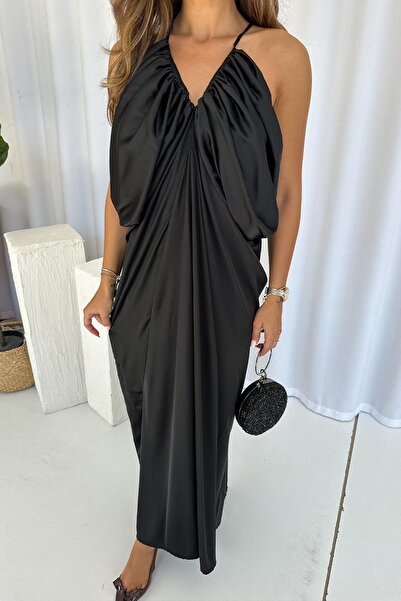 Mine Tan Butik Pleated Detail V-Neck Sleeveless Chiffon Lined Evening Dress - Black