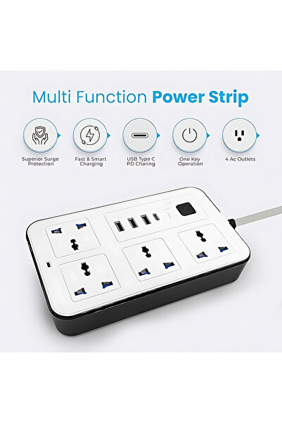 Genenic Universal Extension Cord with 4 Power Socket, 3USB &1 type C charging slot, Lead 5M,13A, MAX W 2500
