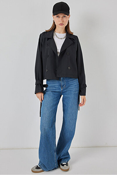 MODAMERSİ Kadın Siyah Kemerli Kısa Trençkot