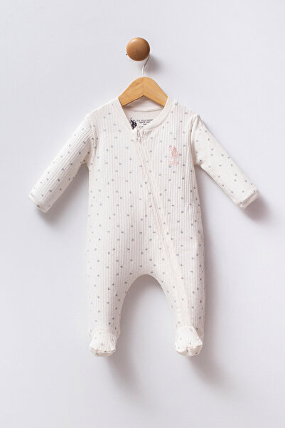 U.S. Polo Assn. Baby Girl White Zippered 100% Cotton Booties Jumpsuit 50322825-Vr013