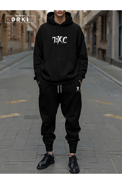 EFFRENATU TOXIC με τύπωμα Μαύρο oversized Hoodie & Μαύρο Παντελόνι jogger Σετ...