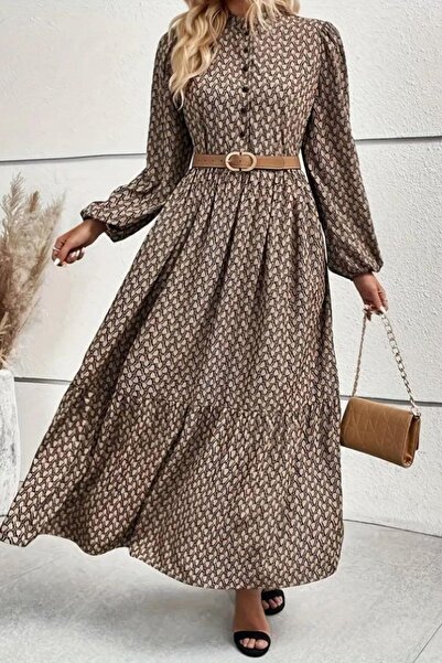 Mossta Rochie lungă din tricot cu model Hakim Yaka - bej-gri