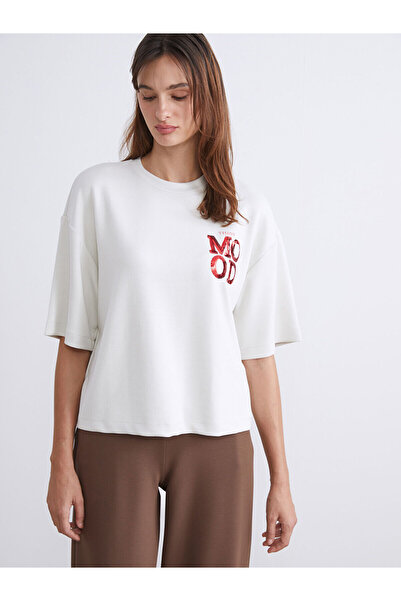 LC Waikiki Beige Crew Neck Sequin Embroidered Oversize Women's T-Shirt