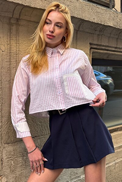 VAGGON Women's Powder Striped Oversize Long Sleeve Buttoned Cuff Crop Shirt Vs00952