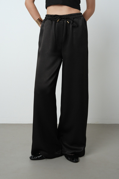 Orfeo Negro Women's Solid Color Shiny Fabric Wide Leg Elastic Waist Pants