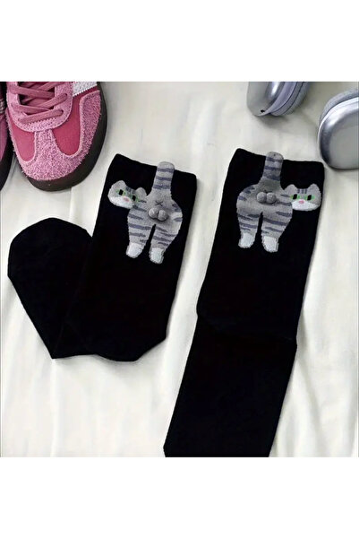 Innovate Store Симпатични чорапи с котешки мотиви за жени, 1 чифт, черни