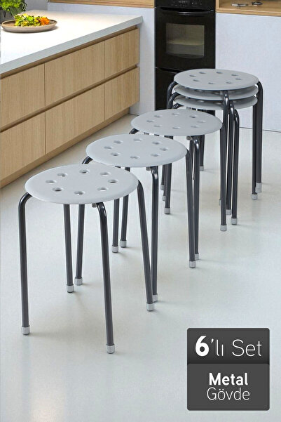 İronika Otto Metal Gövdeli Modern Tabure Mutfak Bahçe Taburesi - 6 Adet Gri