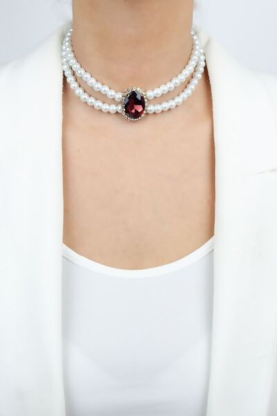 Liveyn Design Double Rows Glass Pearl Zircon Stone Choker Necklace
