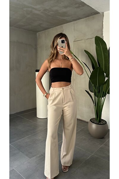 asfamoda Kadın Krem Tam Kalıp Bel Oturtmalı Geniş Paça Palazzo Pantolon