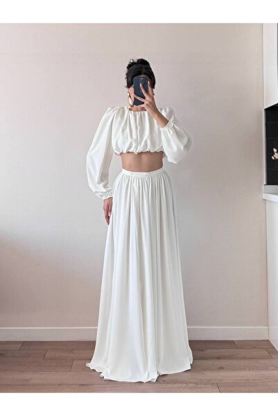 LOCH BUTİK Women's White Gathered Shoulder Padded Skirt and Blouse Two-Piece Set