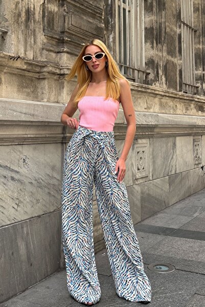 VAGGON Women's Blue Patterned Elastic Waist Belted Palazzo Wide Leg Trousers Vs00953