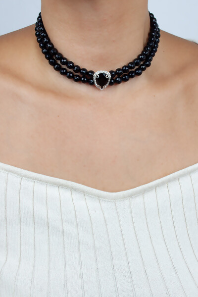 Liveyn Design قلادة كريستال قطرة سوداء صف مزدوج