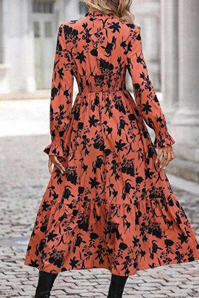 Mossta Φόρεμα μακρύ μονόχρωμο με λουλουδάτο σχέδιο με κορδόνι στη μέση - Πορτοκαλί