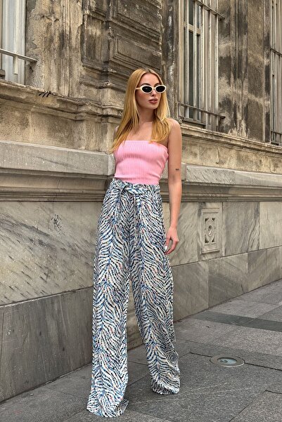 VAGGON Women's Blue Patterned Elastic Waist Belted Palazzo Wide Leg Trousers Vs00953